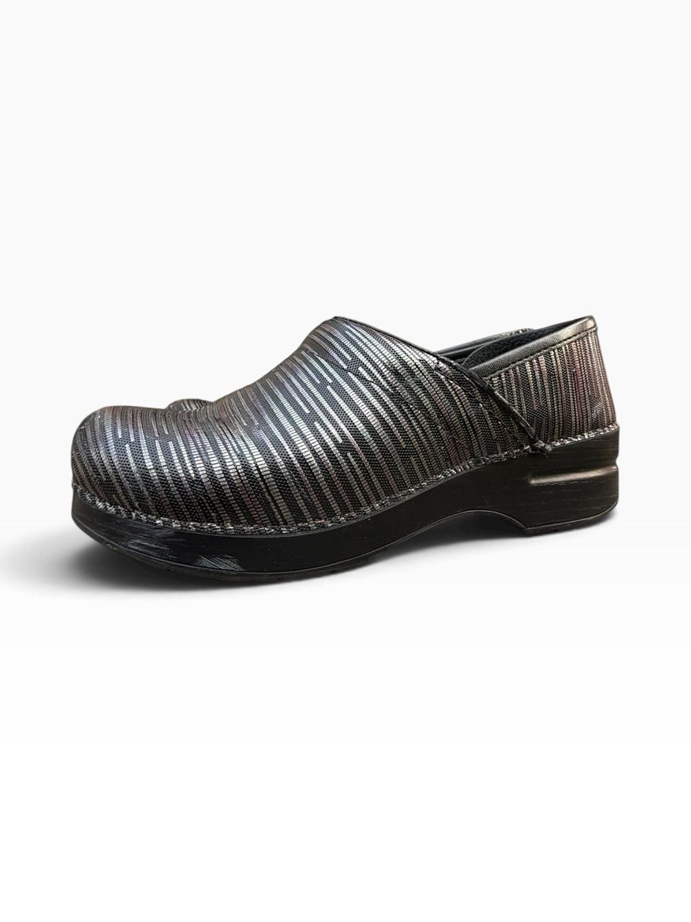 Dansko Professional Black Silver Metallic Textured Striped Clogs Eu 39 (8.5-9)